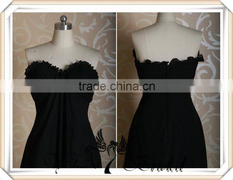 RSE232 Ruffle Neckline Drapped Skirt Long Black Chiffon Fat Bridesmaid Dress