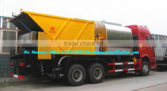 Howo 6x4 asphalt gravel chip sealer,asphalt synchronous chip sealer 8000L bitumen and 120000L stone