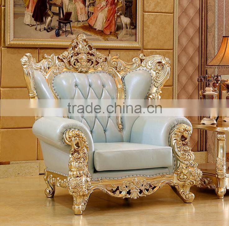 Luxury living furniture wood carving goldfoil light blue genuine leather sofa set