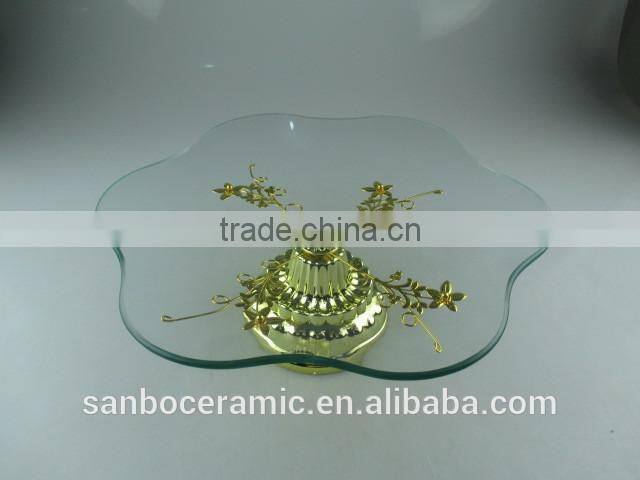 Wholesale Petal Shape Glass cake stands with Gloden Flower