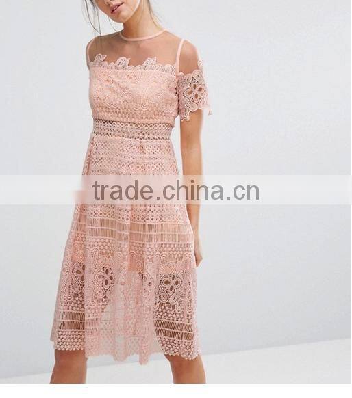 Guangzhou Clothing OEM Fit-and-flare Style Crocheted Nylon Keyhole Back Formal Dress