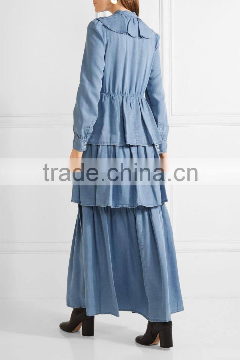 Latest Ruffled Tiered Tencel-chambray Long Sleeve Maxi Dress Names Of Ladies Drsses Designs Photos 2016 HSD5675