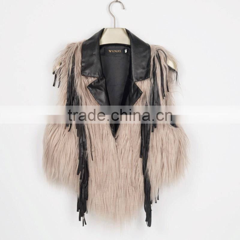 2016 new European style leather splicing faux fur vest woman dress