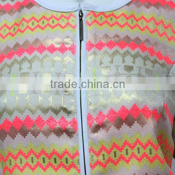 Bulk wholesale round neck jacquard women jacket with gold metal