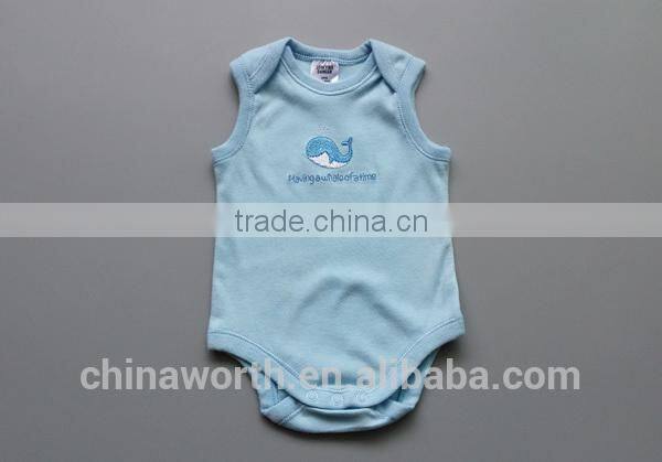 2015 factory priice embroidered sleeveless baby bodysuits wholesale