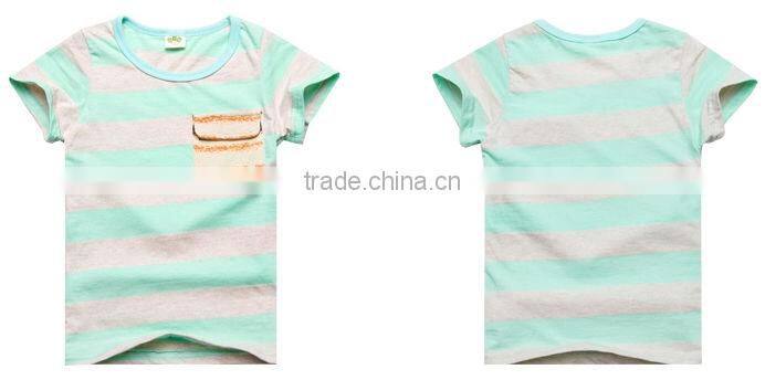 2016 new collection of children stripes customized made short sleeve t shirt with sequined pocket