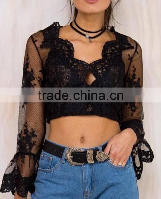 Runwaylover 115 Europe Style 2017 Women Sexy Deep V-Neck Lace Embroidery Crop Tops