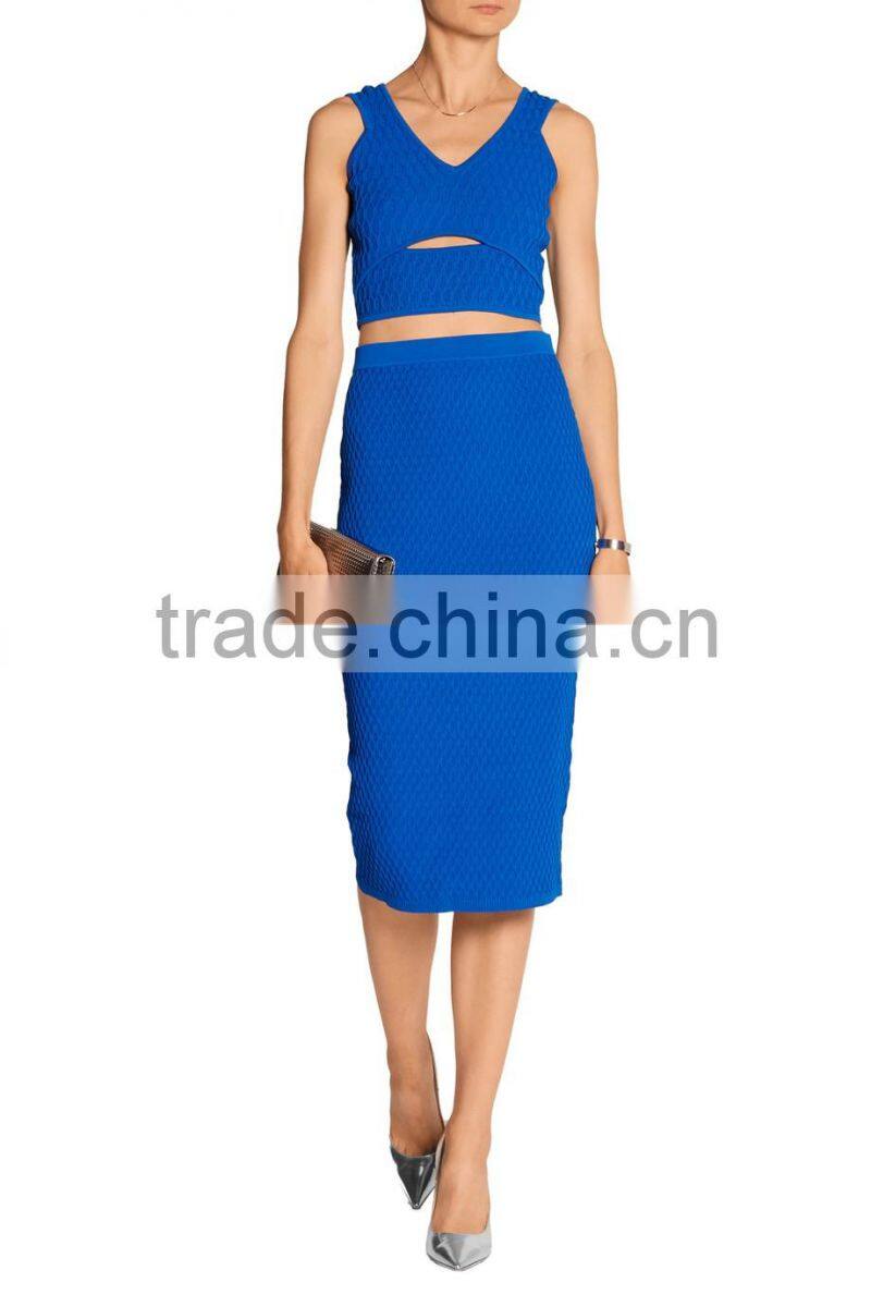 Sexy Designed Deep V-Neck Plain Blue Sweater Crop Top for Ladies