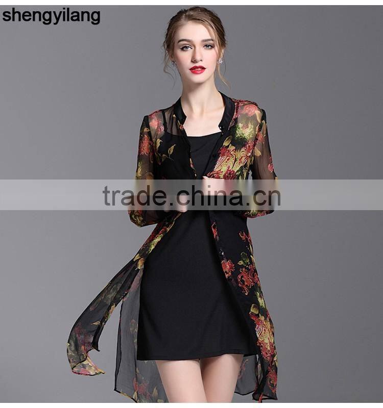 2016 spring summer pure true button-up silk long sleeve shirt dress