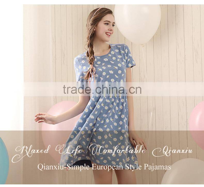 Perfect Qianxiu Summer Short Sleeve Daisy Dress Printed Girls Lounge Wear Night Skirt