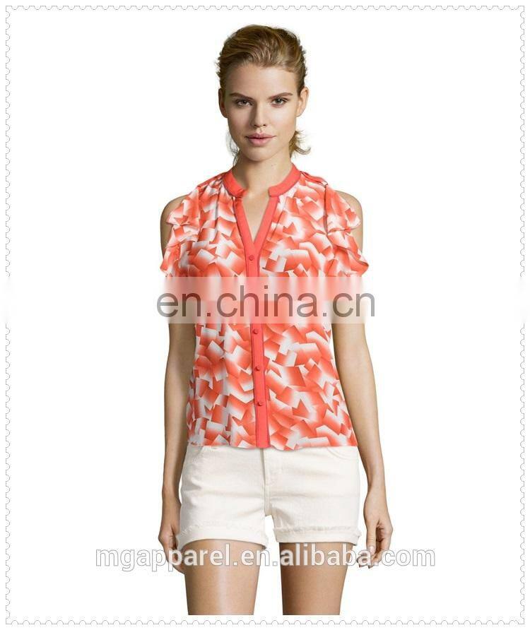 women red geometric printed silk flutter sleeve blouse wholesale