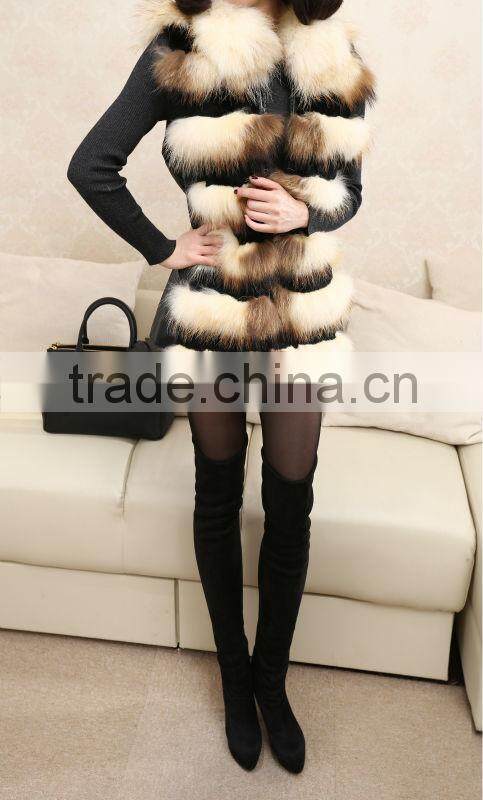 Bright White Color Fur Natural Raccoon Dog Fur & Rabbit Pelt Leather Vest
