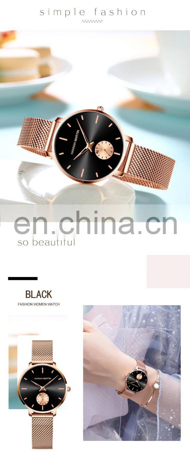 Hannah Martin 1335 Japanese Movement Luxury Ladies Watch Rose Gold Stainless Steel Mesh Belt Waterproof Quartz Wristwatches