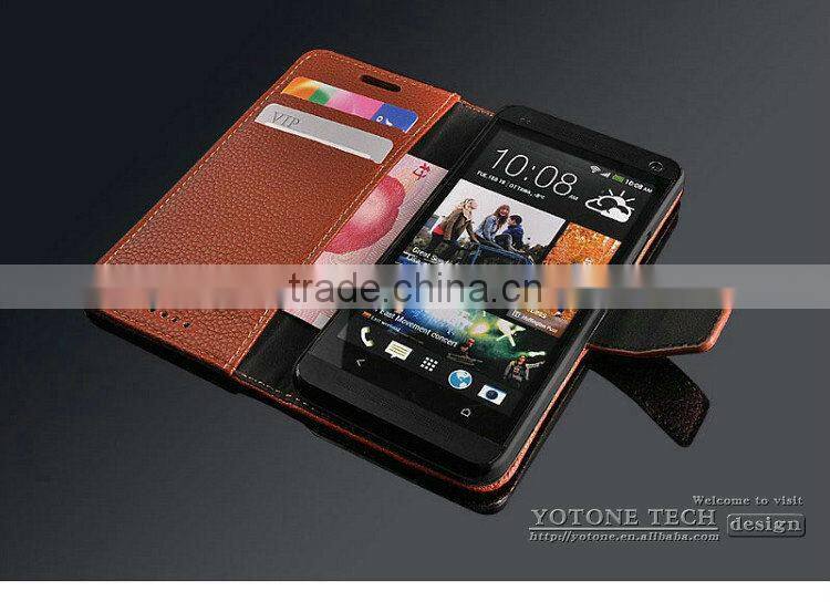 Fashionable Phone Accessory of High Quality PU Leather Stand Card Holders Inside Hand Made Cell Phone Case Bag for HTC One M7