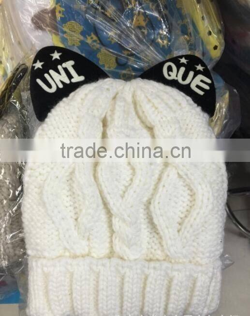 Unique Printed Cat Ear Decorated Polar Fleece Inside Twisted Knitting Women Girls Hat