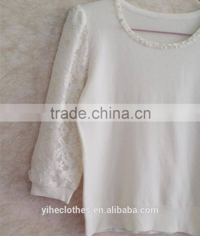 Three quarter sleeve knitting wear lace pullover for lady