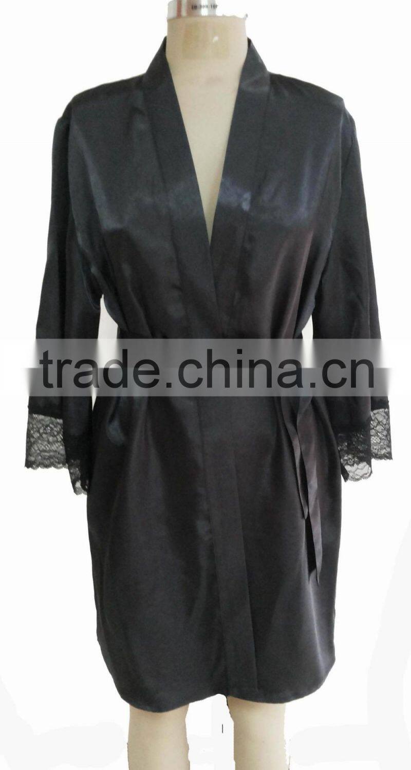 comfortable women black satin lace robe