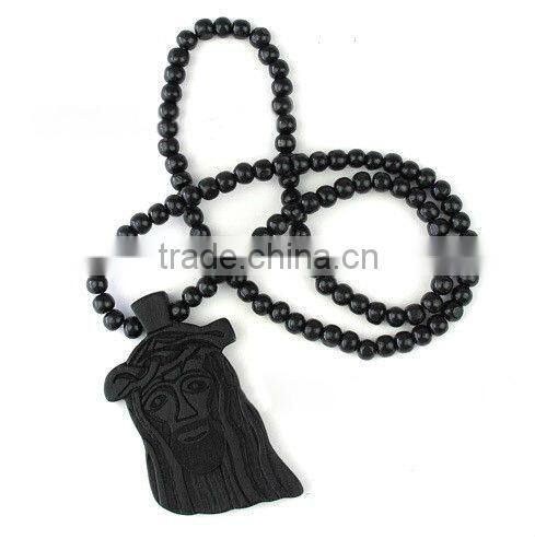 Jesus face 30-34'' long assorted color wood necklace with engraved