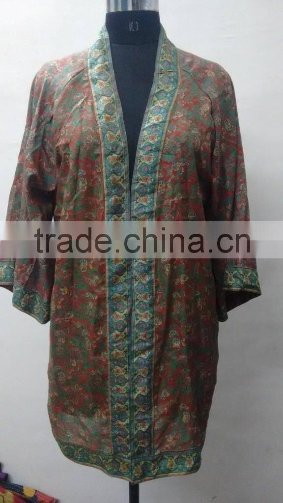 Indian Handmade Girls Nightwear Intimate Sleepware Kimono Bathrobe Vintage Silk Saree Nightgown