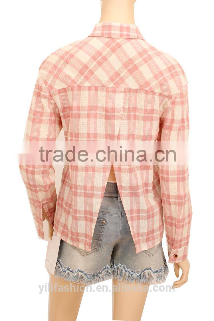 2016 100% cotton woman clothing oem long sleeve plain checked t-shirt manufacturing china