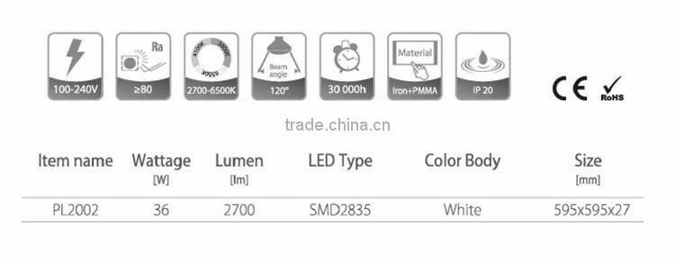 595mm SMD2835 High Luminous Flux Iron Slim Square 36W White Business Lamp No Glare Office LED Light Panel WIth PMMA