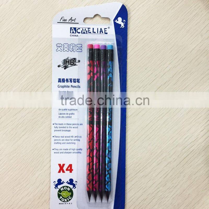 Standard size round shape black wood heat rolling laser HB pencil in blister card