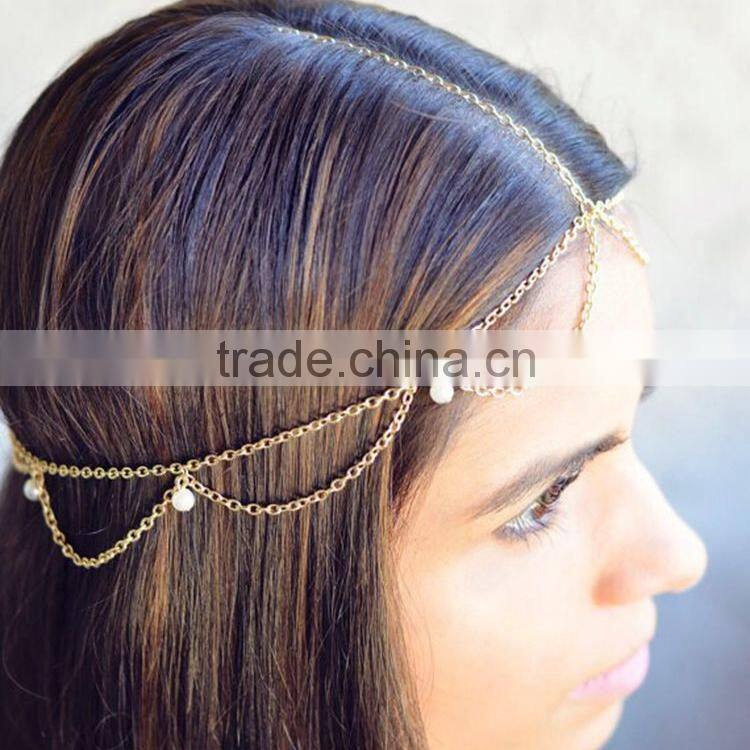 jewelry fashion pearl tassels hair head piece gold chain