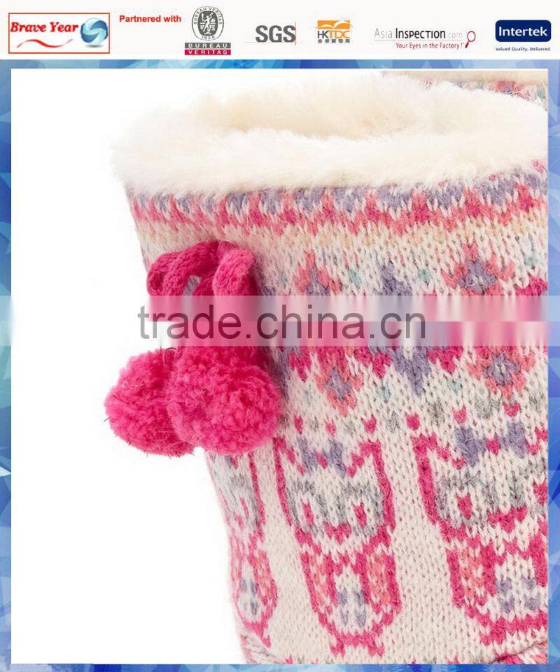 owl pattern knit indoor slipper boots with cute pom-pom