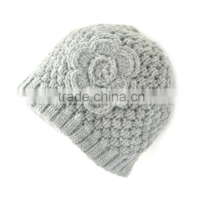 grey knit hat with crochet flower for girls