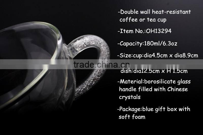 Personnalized clear Multi-function tea cup saucer set/ square tea cup sets coffee cup with diamond shank unique style
