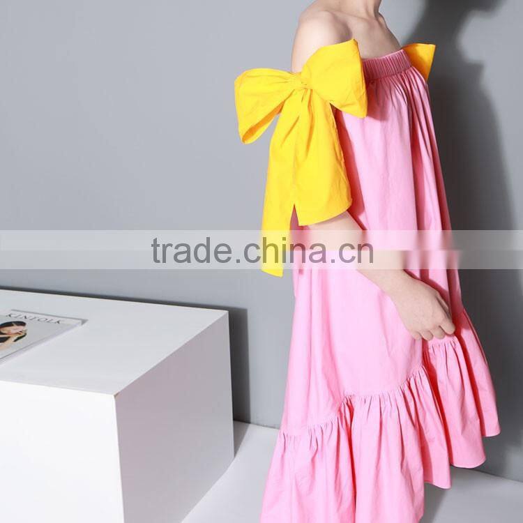 2016 New Multi-wear Big Bow Slash Neck Flouncing Ruffles Hem Strapless Off Shoulder Dress Women Summer