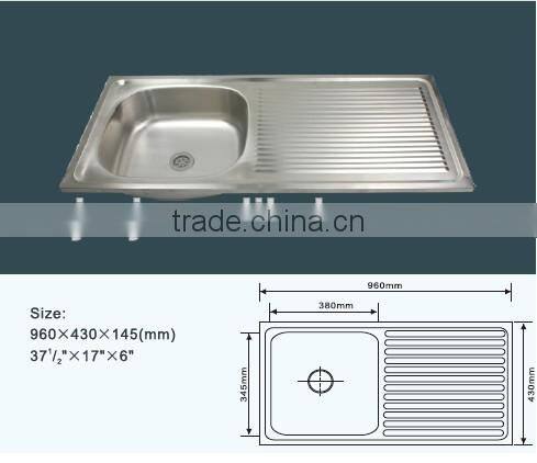 96*43cm single bowl single drainboard stainless steel kitchen sink