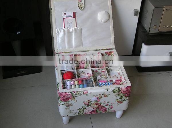 Rose-themed Wooden Sewing Box with Tray Inside