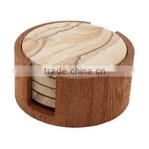 High Quality Wooden Round Coaster Set with Holder Wooden Travit Set