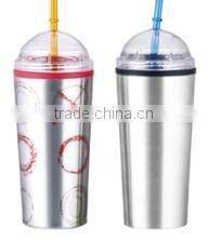500ml stainless steel Inner plastic outer steel double layer cup with straw