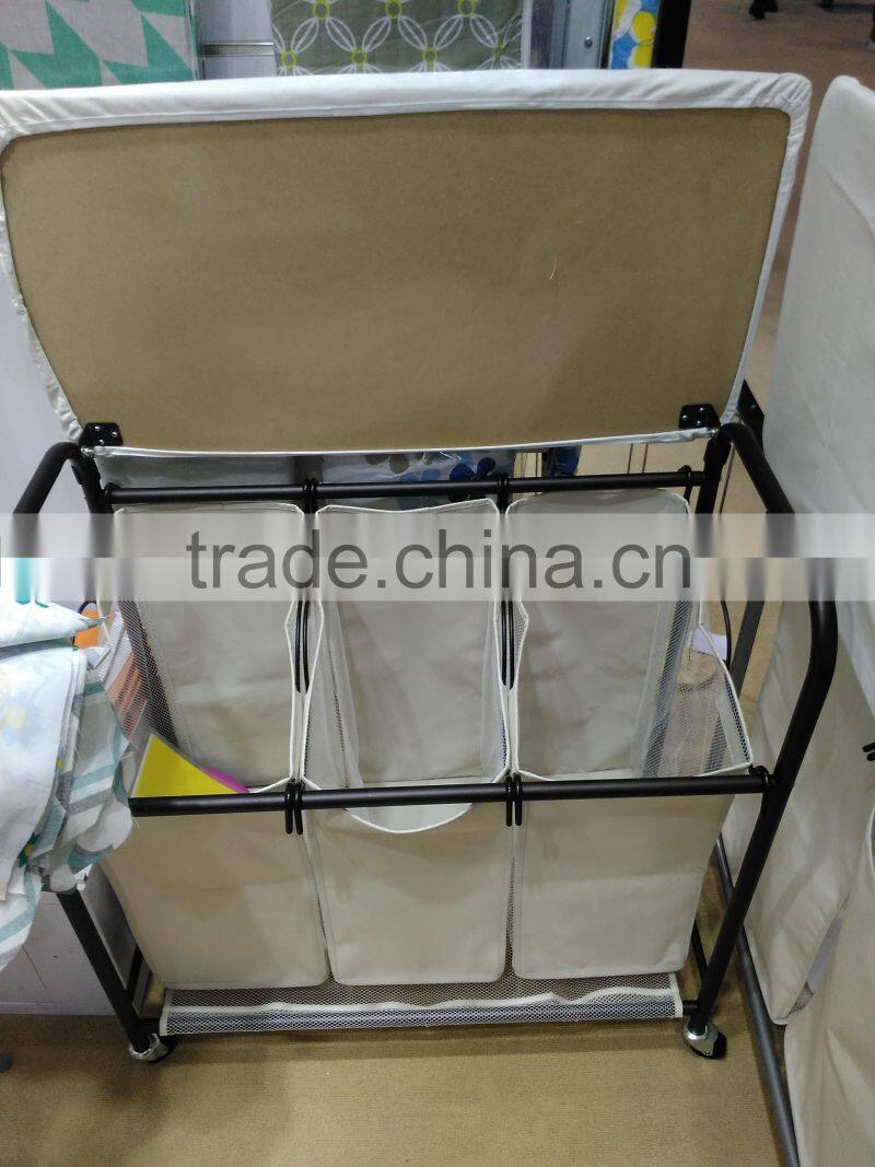 Hotel and home usage triple laundry sorter with ironing board/3 lift-off fableable landry sorter