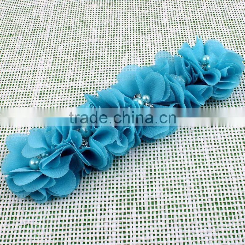 handmade chiffon flower headband with pearl beads center for kids hair accessories for baby girl