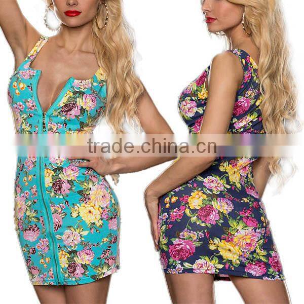 Floral Women Sexy Party Dress Sleeveless Slim Zipper Cocktail Bodycon Mini Dress