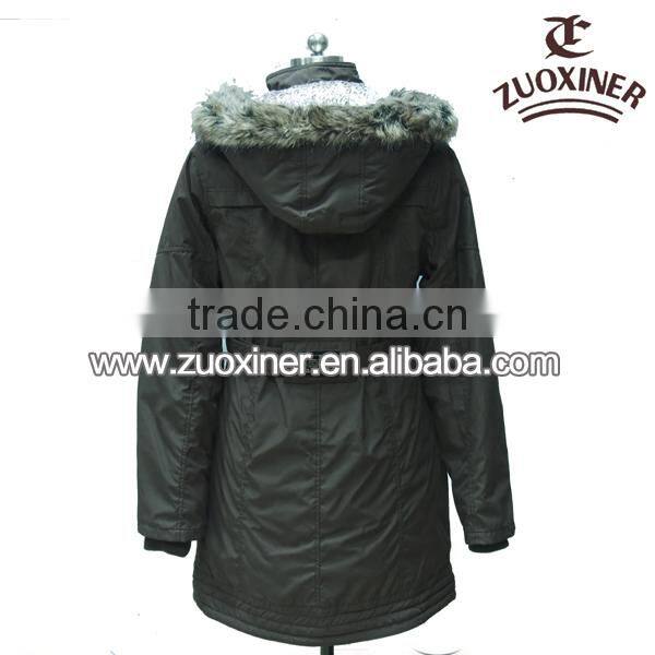 2014 newest design women long coat turkey styles with fur collar hood