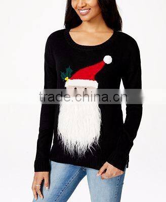 Women Black Sweater Fuzzy Beard Santa Claus Pattern Ugly Christmas Sweater Acrylic