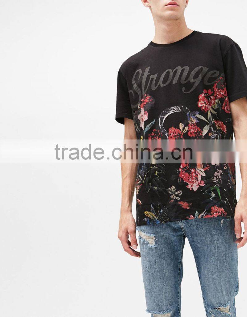 2017 Wholesale new design black t shirt with floral rubber print t shirts