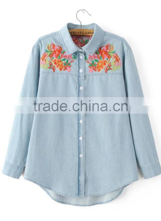 Runwaylover EY2349B Europe Style 2017 Ladies Embroidery Washed Denim Blouse