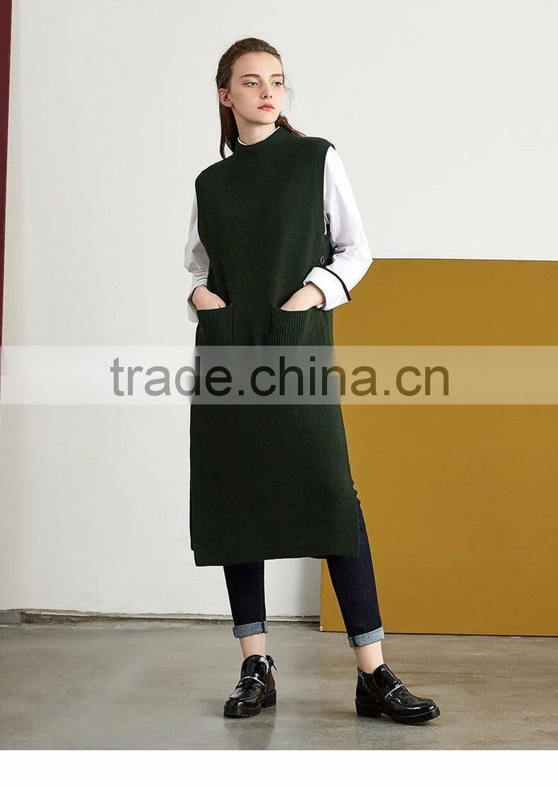 2017 new design women green color Vest sweater Stand collar side vent sweater