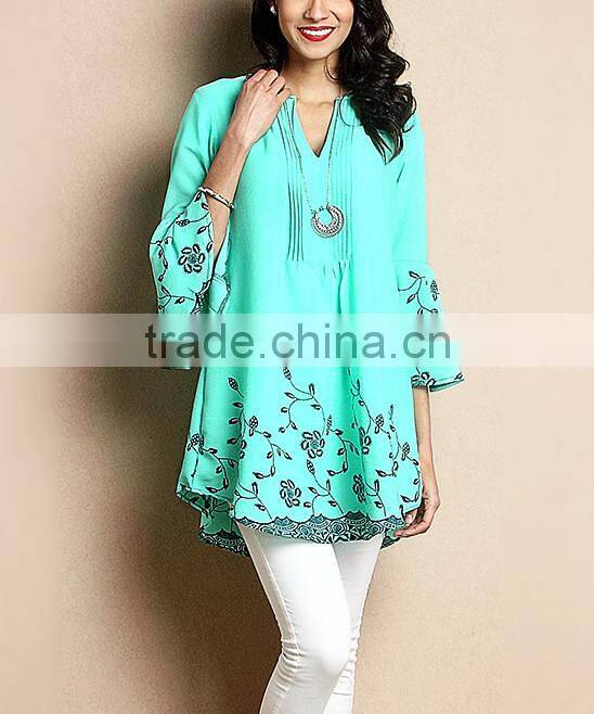 Factory Price Women Blouse With Turquoise Chiffon Notch Neck Bell-Sleeve Tunic Women Tops Women Clothing GD90426-7