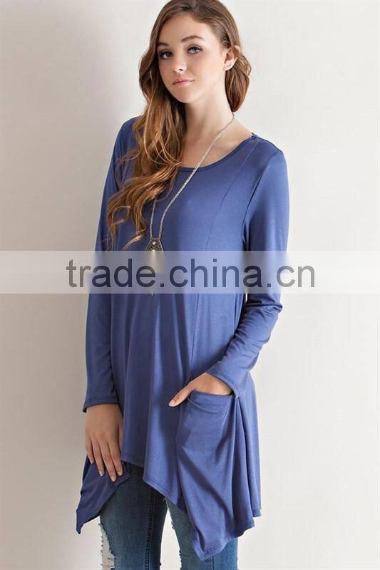 Newest design fashion long sleeve pure color round neck loose blouse for wholesale 2017