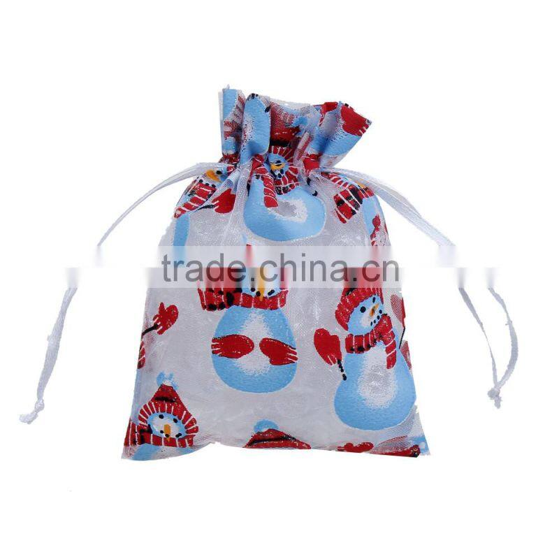 Custom Logo Blue & Red Christmas Snowman Pattern Polyester Jewelry Drawstring Bags