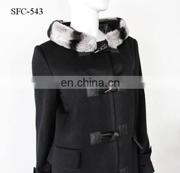 2015-2016AW ladies' 100% Cashmere Coat with Rex Rabbit Hoody