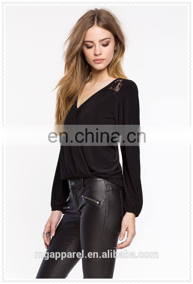 OEM cheap women fancy sexy long sleeves black chiffon blouse