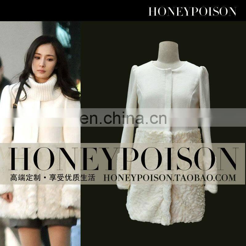 2014 Korean style white midi pattern woollen rabbit fur coat