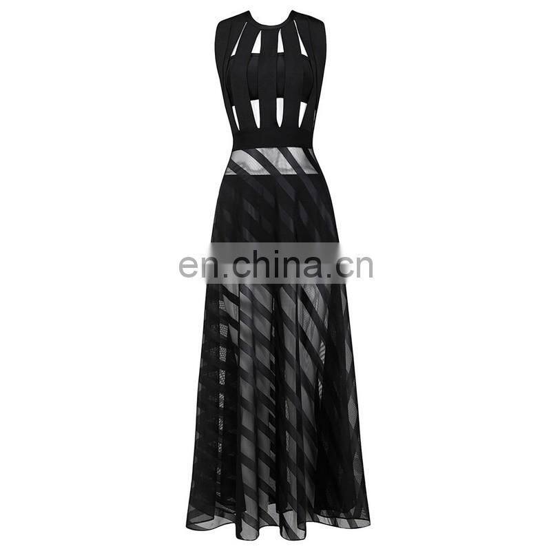 Amigo 2017 Sexy women mesh bodycon dress wet look black color sleeveless long bandage dress